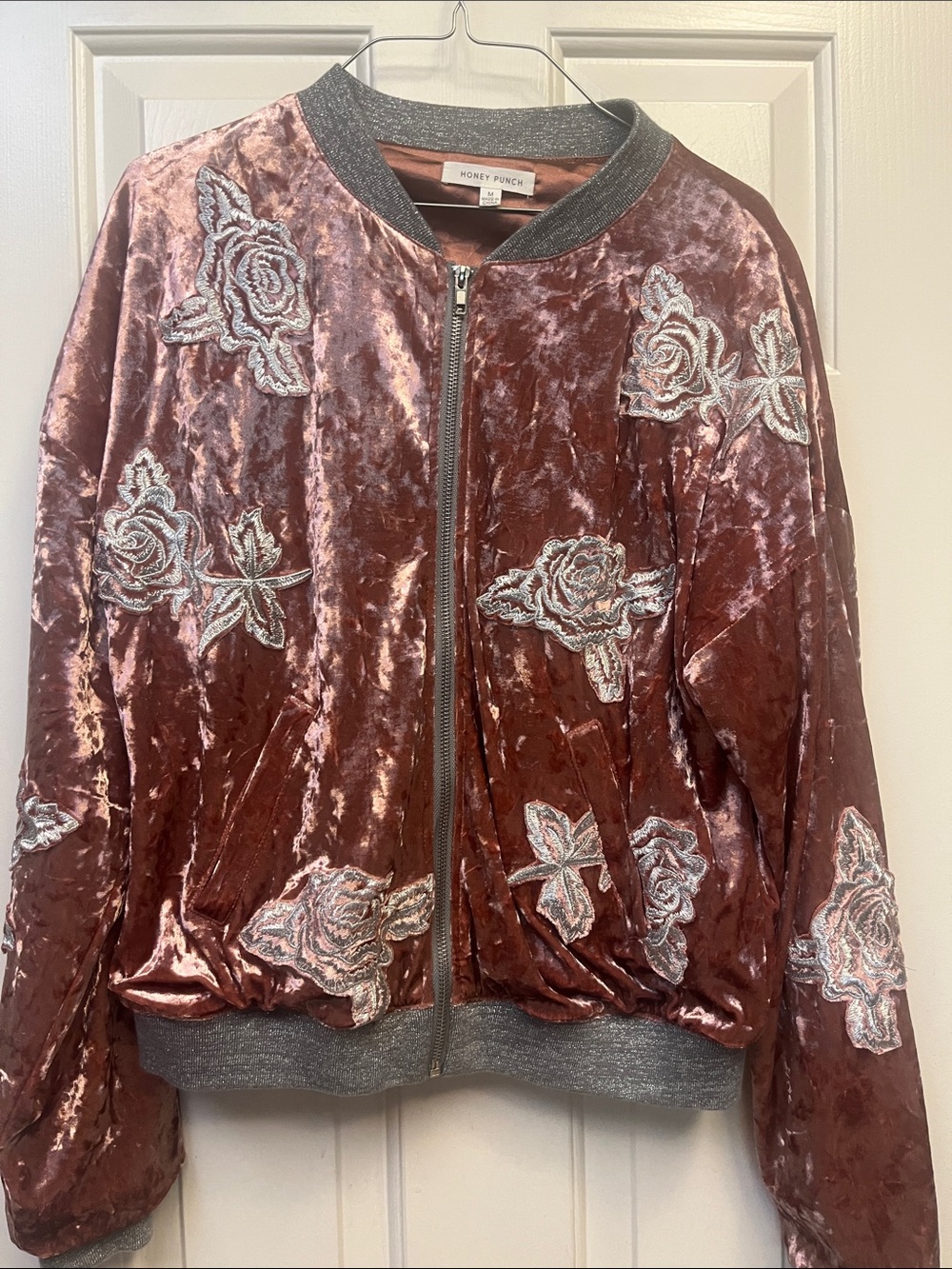 Honey Punch Pink Velvet Embroidered Bomber Jacket M